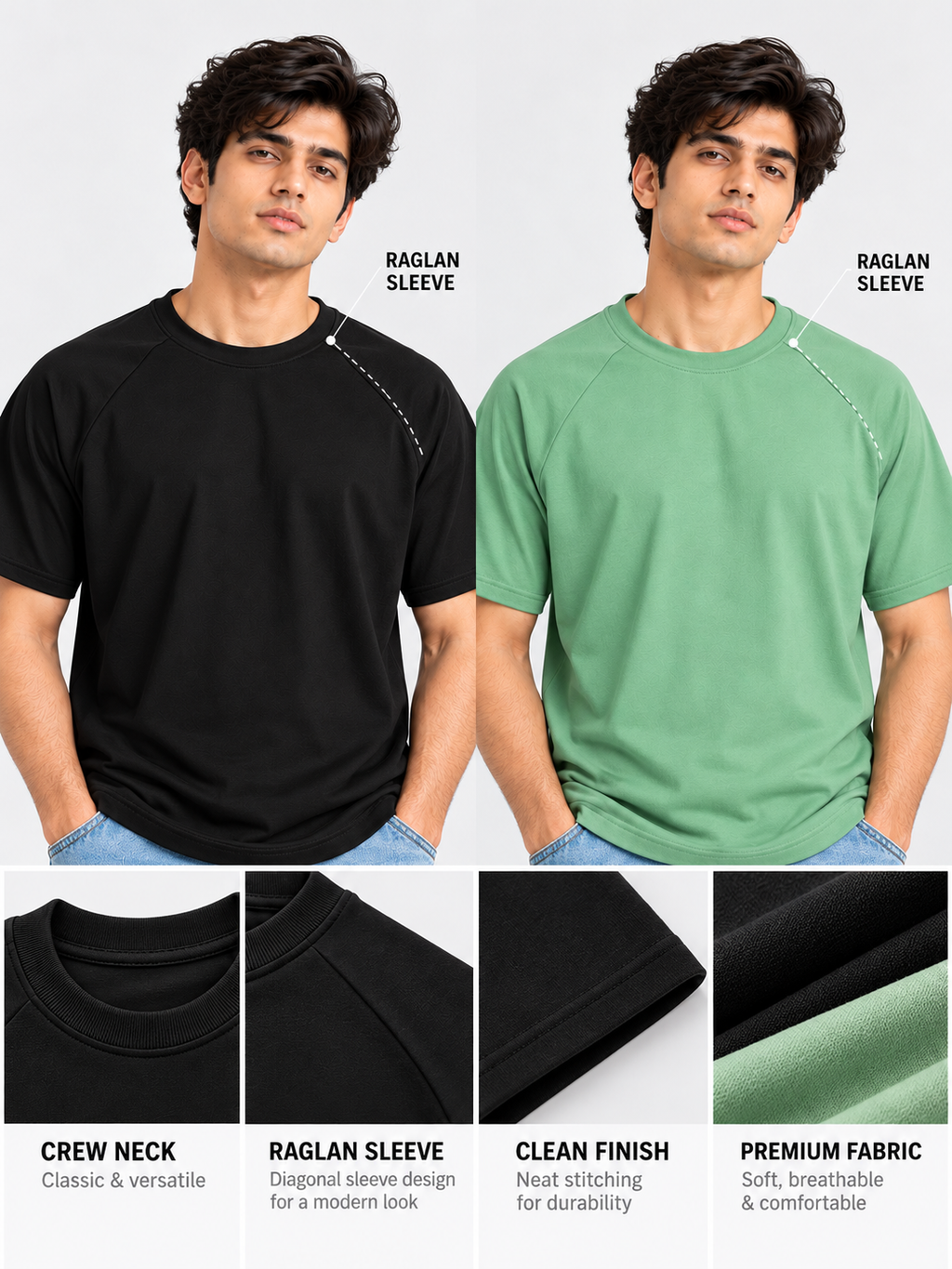 Crazybee || Pack of 2 -Raglan - Black + Pista