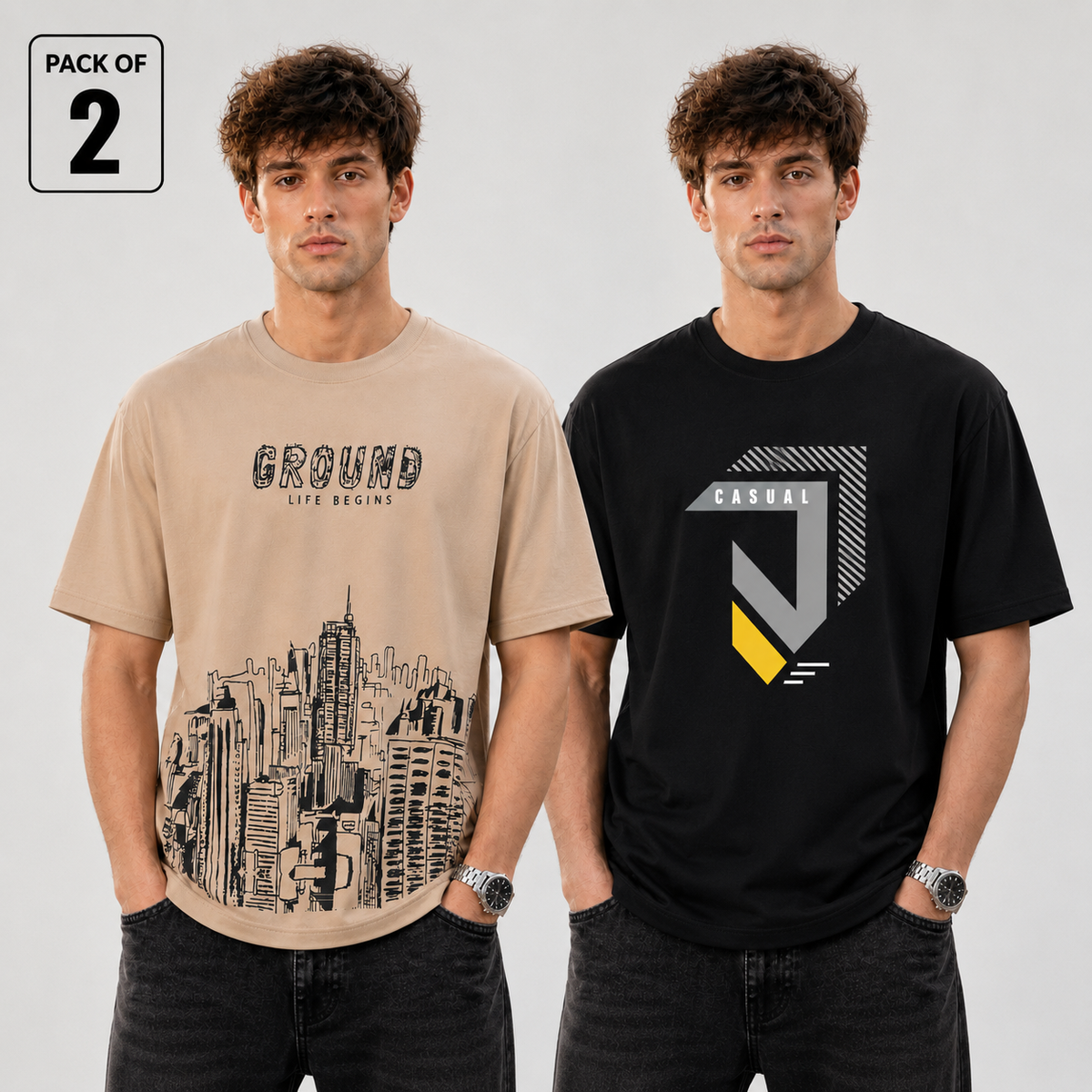 Pack of 2 Tshirts (Blk_Casual & Bei_Ground)