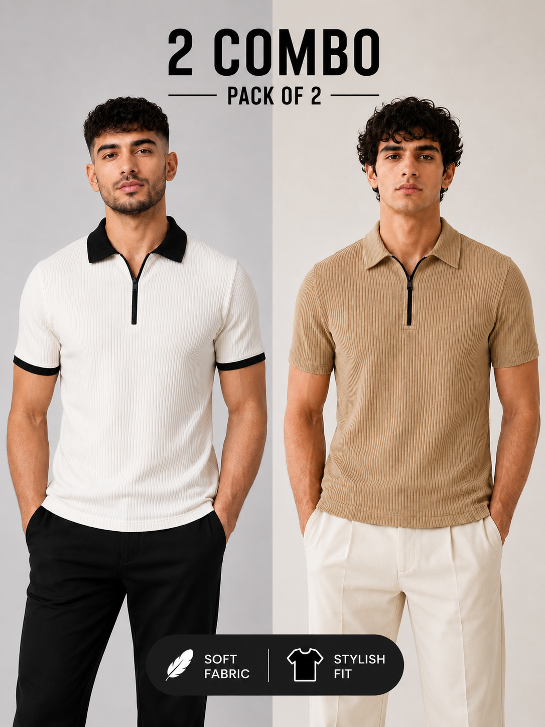 POLO Pack of 2 RIB- (contras -White/Black & Beige Zipper)