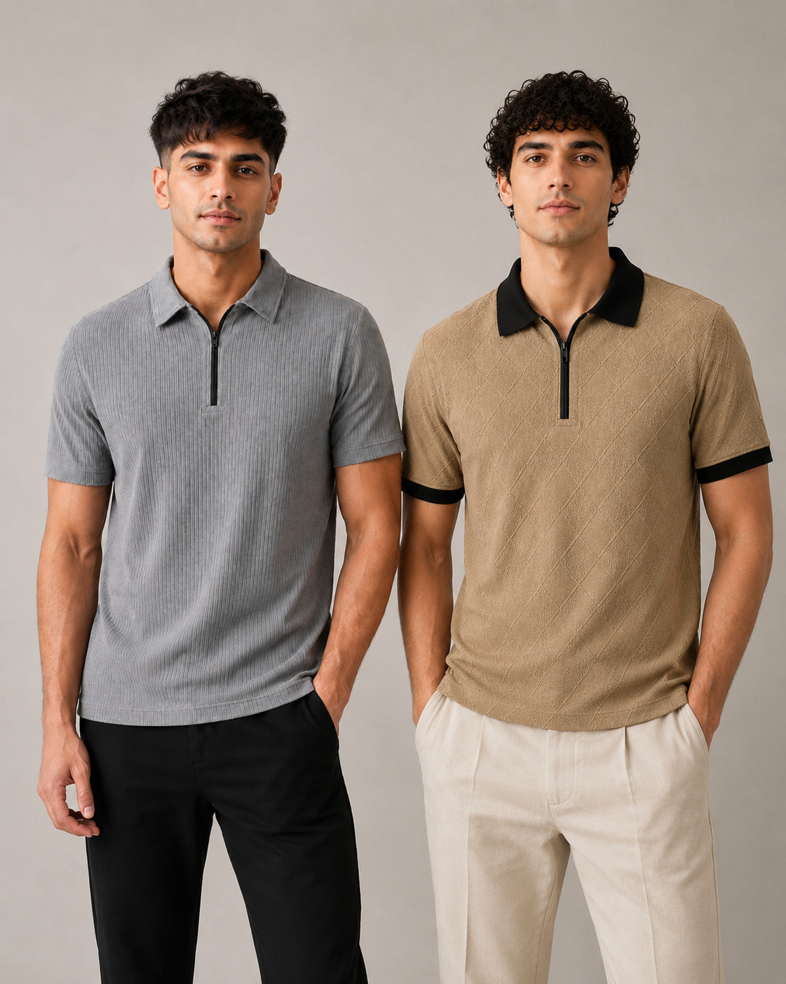 Polo Pack of 2 -(Rib-Grey_Zipper && Zip-Dimd_Beige_Black)