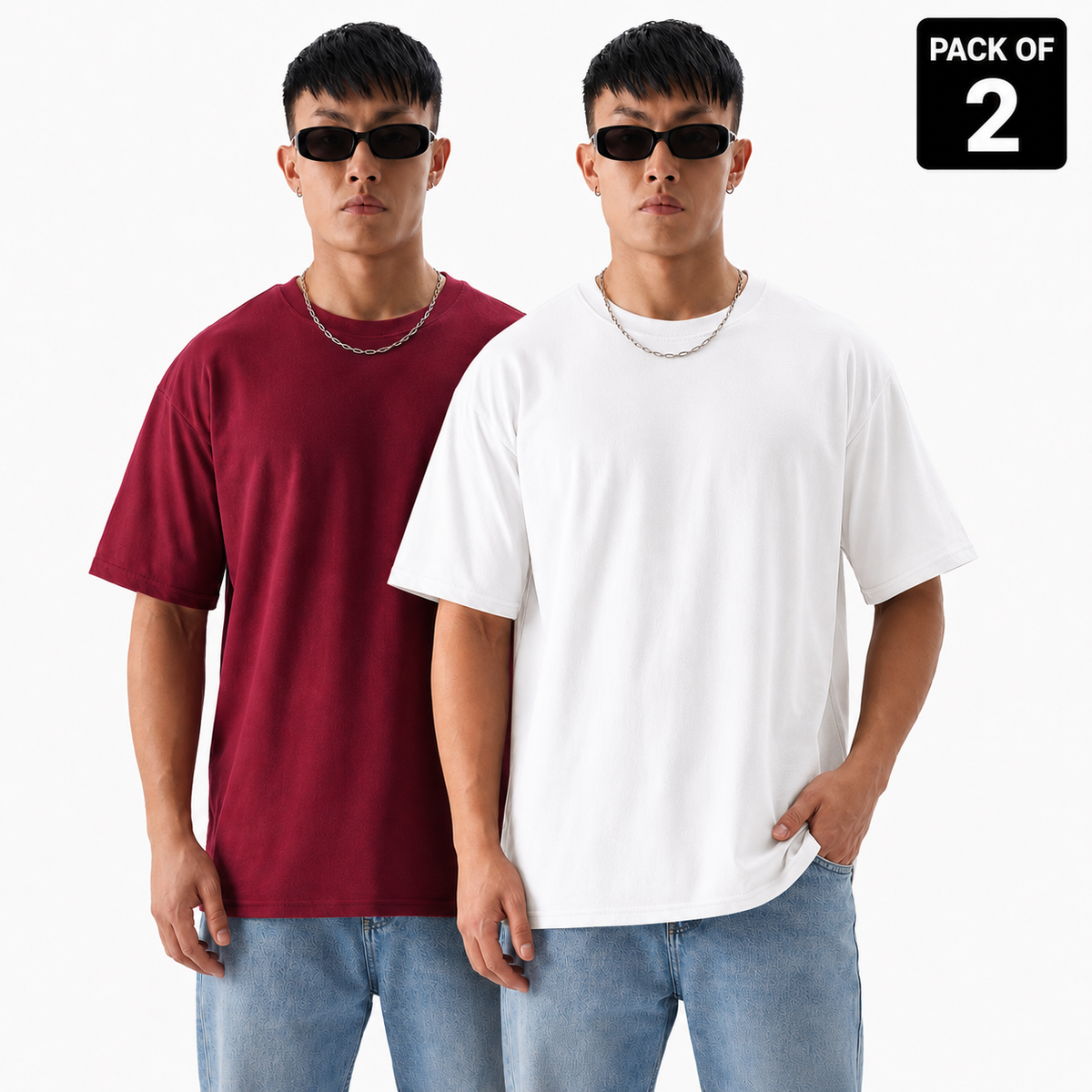Pack of 2 Solid T-shirt (Maroon & White)