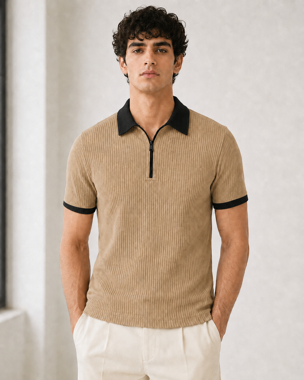 Beige Black Contrast Polo Thsirt for men