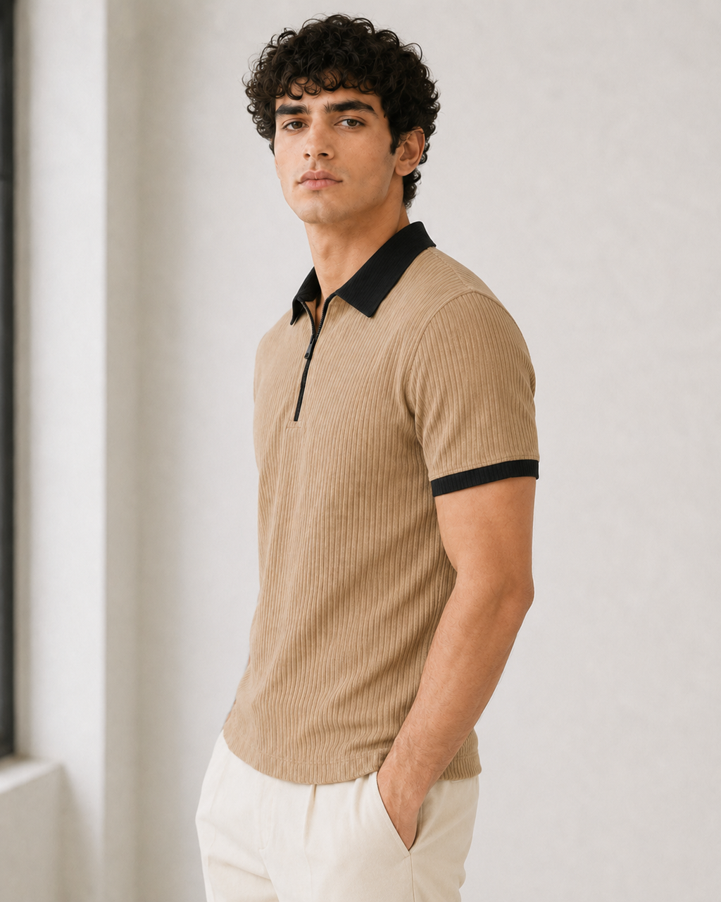 Beige Black Contrast Polo Thsirt for men
