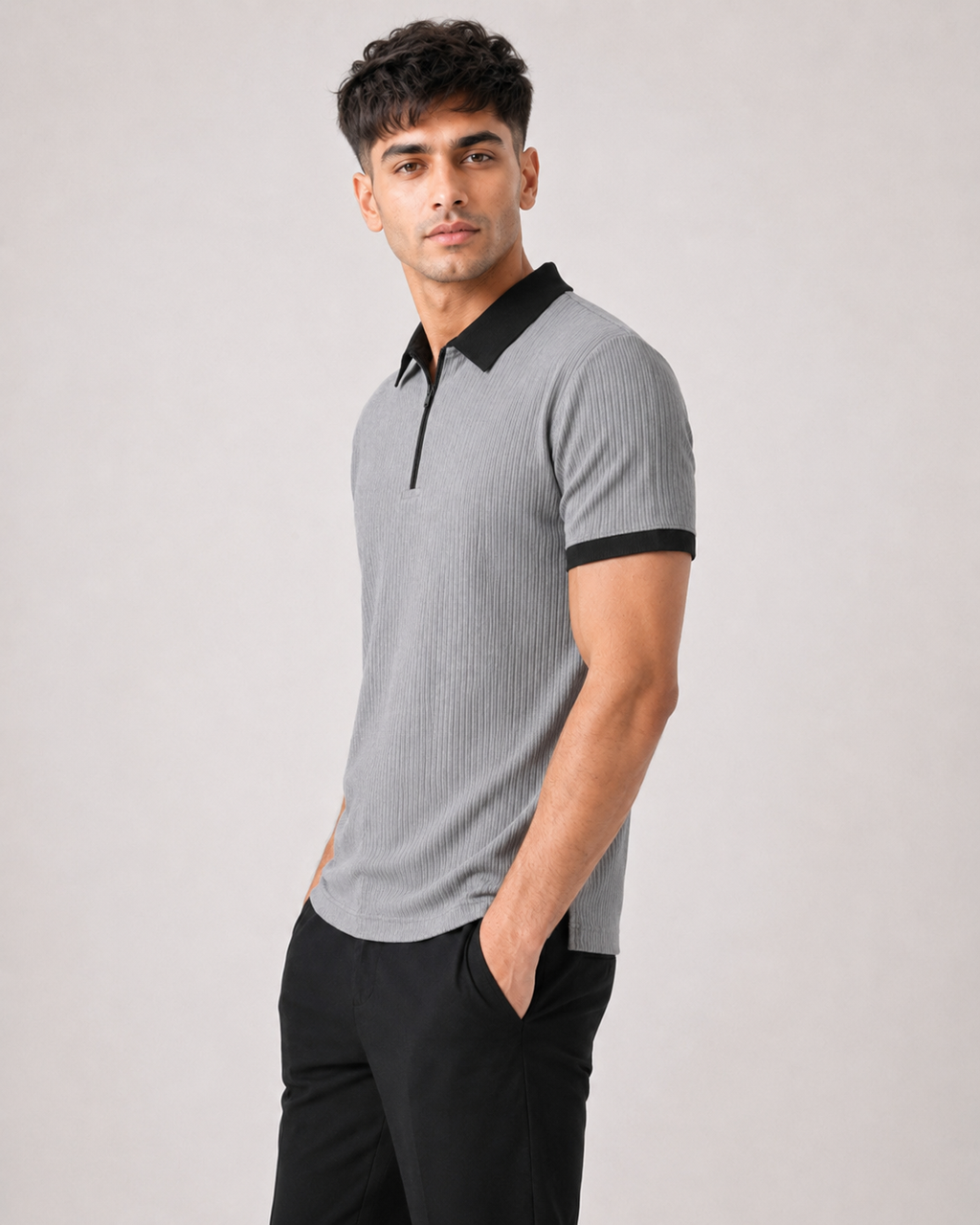 Zipper _Contrast _Grey/Black Collar Polo