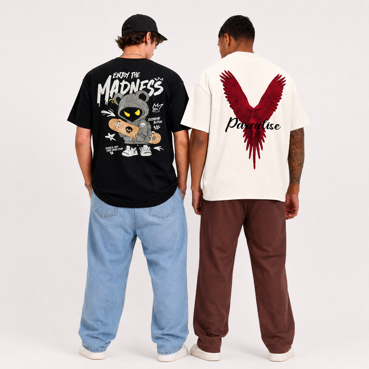 CRAZYBEE<>_Pack of 2 T-shirt -{Blk-Madness & EggWht_Paradise}