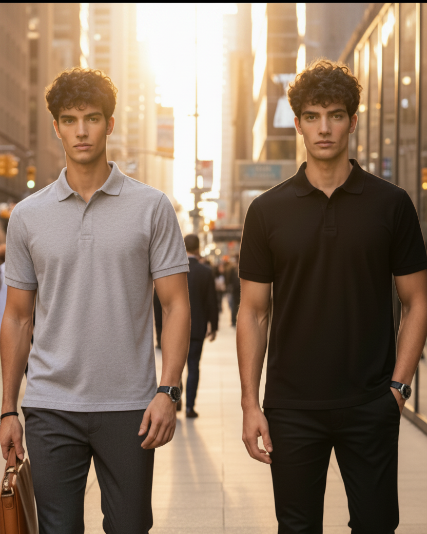 Two men walking on a city sidewalk in front of tall buildings, one wearing a light gray polo shirt with dark pants and white sneakers, and the other wearing a black polo shirt with black pants and white sneakers. Large text at the top reads 'CITY GENTLEMAN' with smaller text 'Smart without trying too hard.