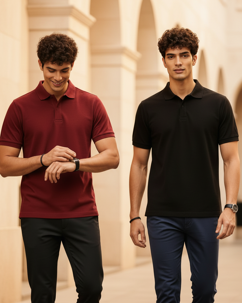 Two men walking side by side on a cobblestone street in front of a warm, lit storefront. The man on the left wears a burgundy polo shirt and dark trousers, while the man on the right wears a black polo shirt and navy trousers.
