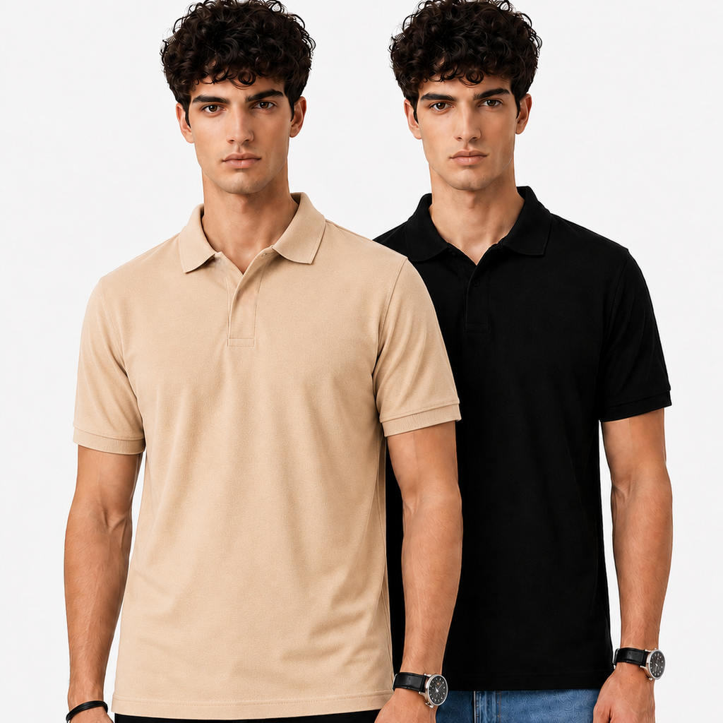 Two men wearing beige and black polo shirts on a white background