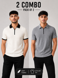 Polo Pack of 2 RIB-(White_Black & SELF Grey Zipper)