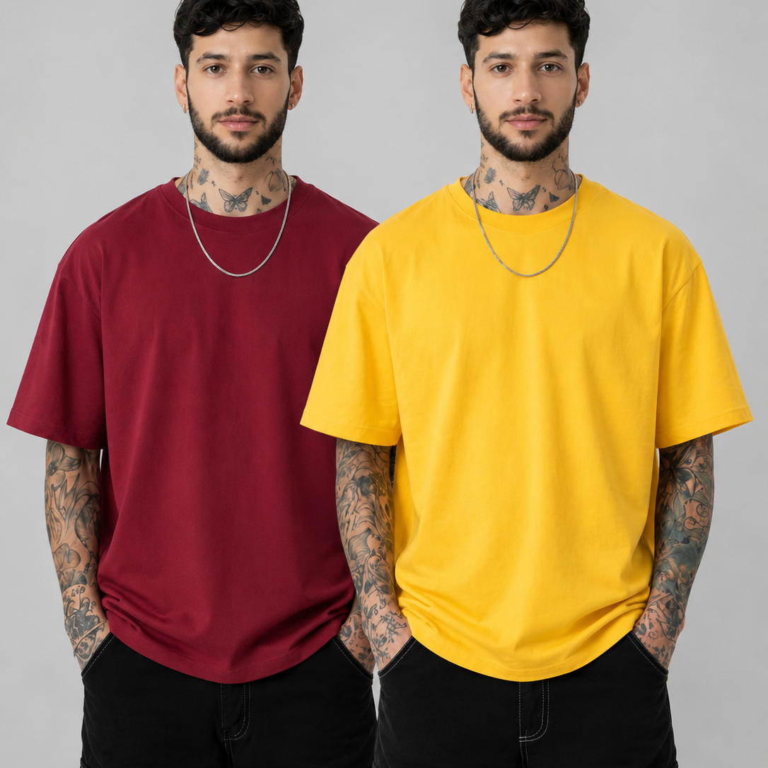 Pack of 2 Plain tshirts (Yellow & Maroon)