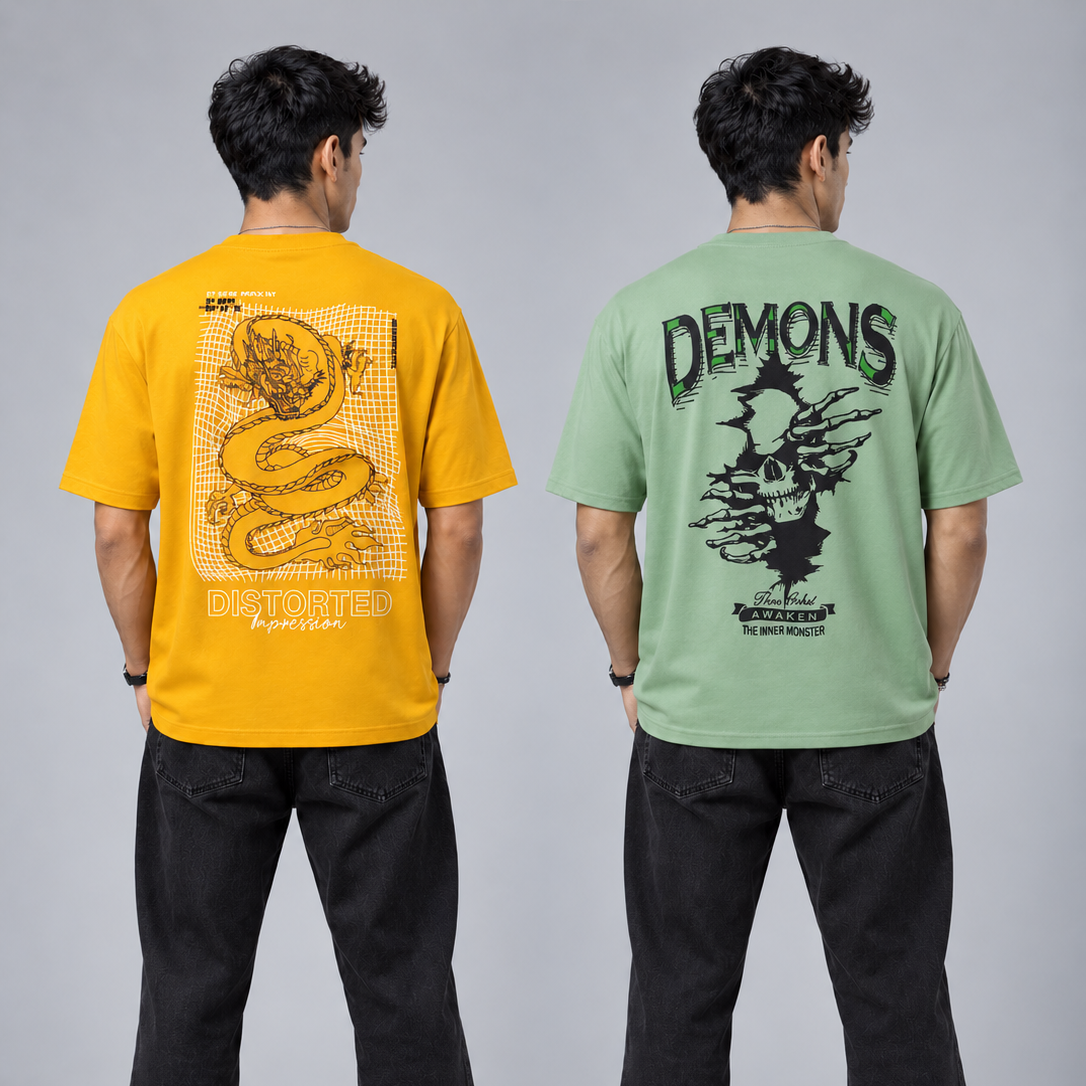 Pack Of 2 Tshirt - ( Pis-Demon & Yel-Dragon)-Deal