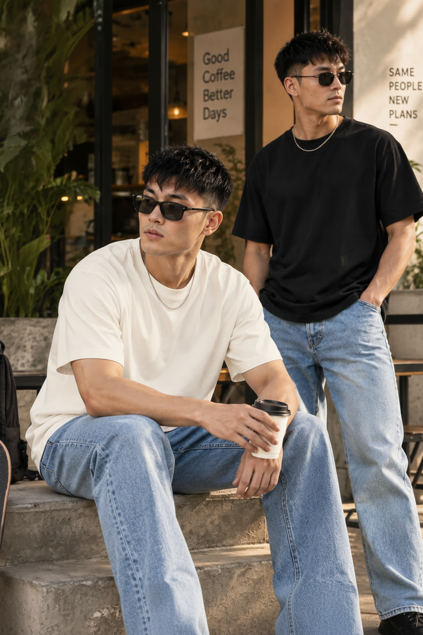 Two men wearing oversized sunglasses and casual t-shirts in an outdoor cafe setting. One man in the foreground wears an off-white t-shirt and jeans, while the other behind him wears a black t-shirt and light blue jeans.