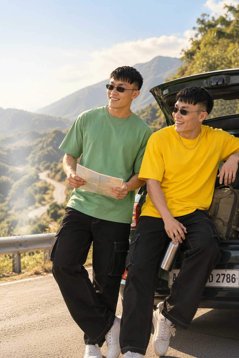 A lifestyle advertisement for Mavinclub featuring two men outdoors by an open car trunk with a mountain road background. One man wears a green T-shirt and holds a map, while the other wears a bright yellow T-shirt and leans against the trunk.