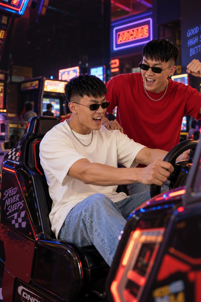 Two young men laughing and playing in a neon-lit arcade game booth. One is seated in a racing-style arcade machine wearing a white t-shirt and jeans, while the other stands behind him in a red t-shirt.
