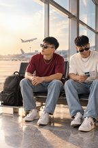 Two young men sitting on a bench in an airport terminal, wearing casual t-shirts and jeans. The left man wears a dark red t-shirt and light blue jeans, while the right man wears a white t-shirt and light blue jeans.