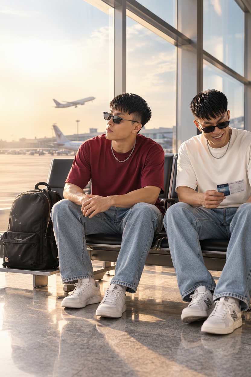Two young men sitting on a bench in an airport terminal, wearing casual t-shirts and jeans. The left man wears a dark red t-shirt and light blue jeans, while the right man wears a white t-shirt and light blue jeans.