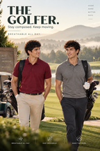 Two male golfers walking on a golf course during golden hour, one wearing a maroon polo and beige pants, the other wearing a heather gray polo and dark pants. Large text at the top reads 'THE GOLFER.
