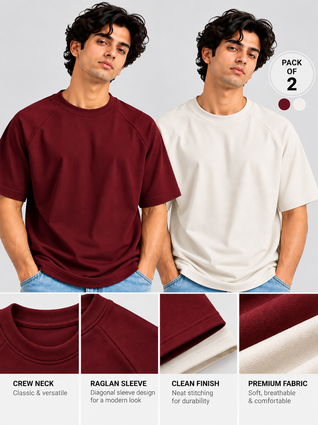 Pack of 2 Ranglan Sleeve Tshirt- Off White + Maroon