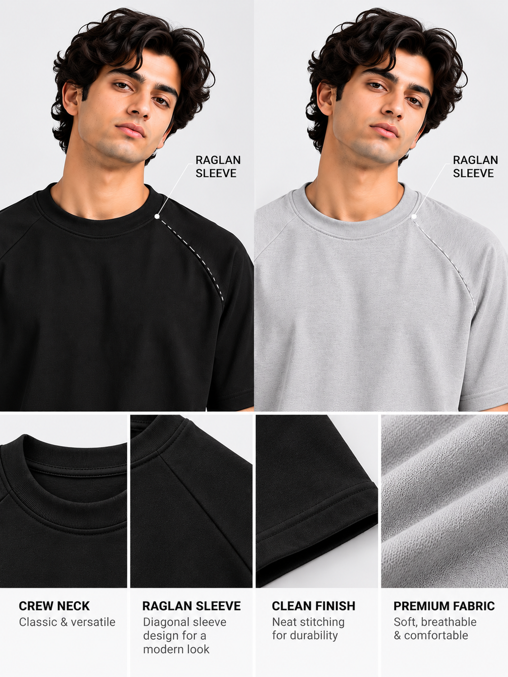 Pack of 2 Ranglan Sleeve Tshirt- Black + Grey