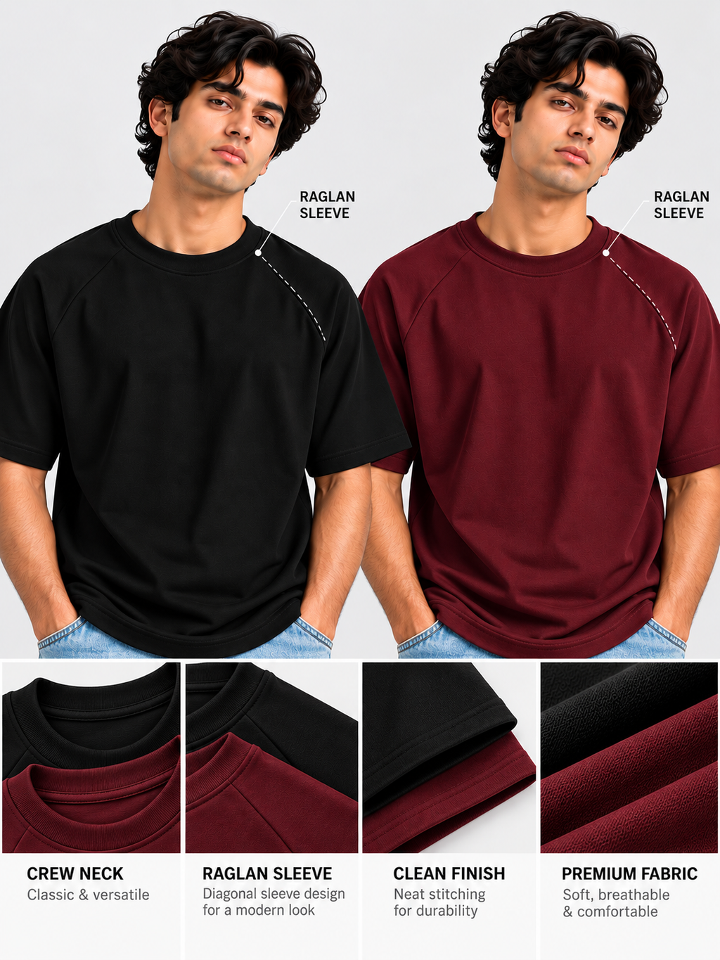 Pack of 2 Ranglan Sleeve Tshirt- Black + Maroon