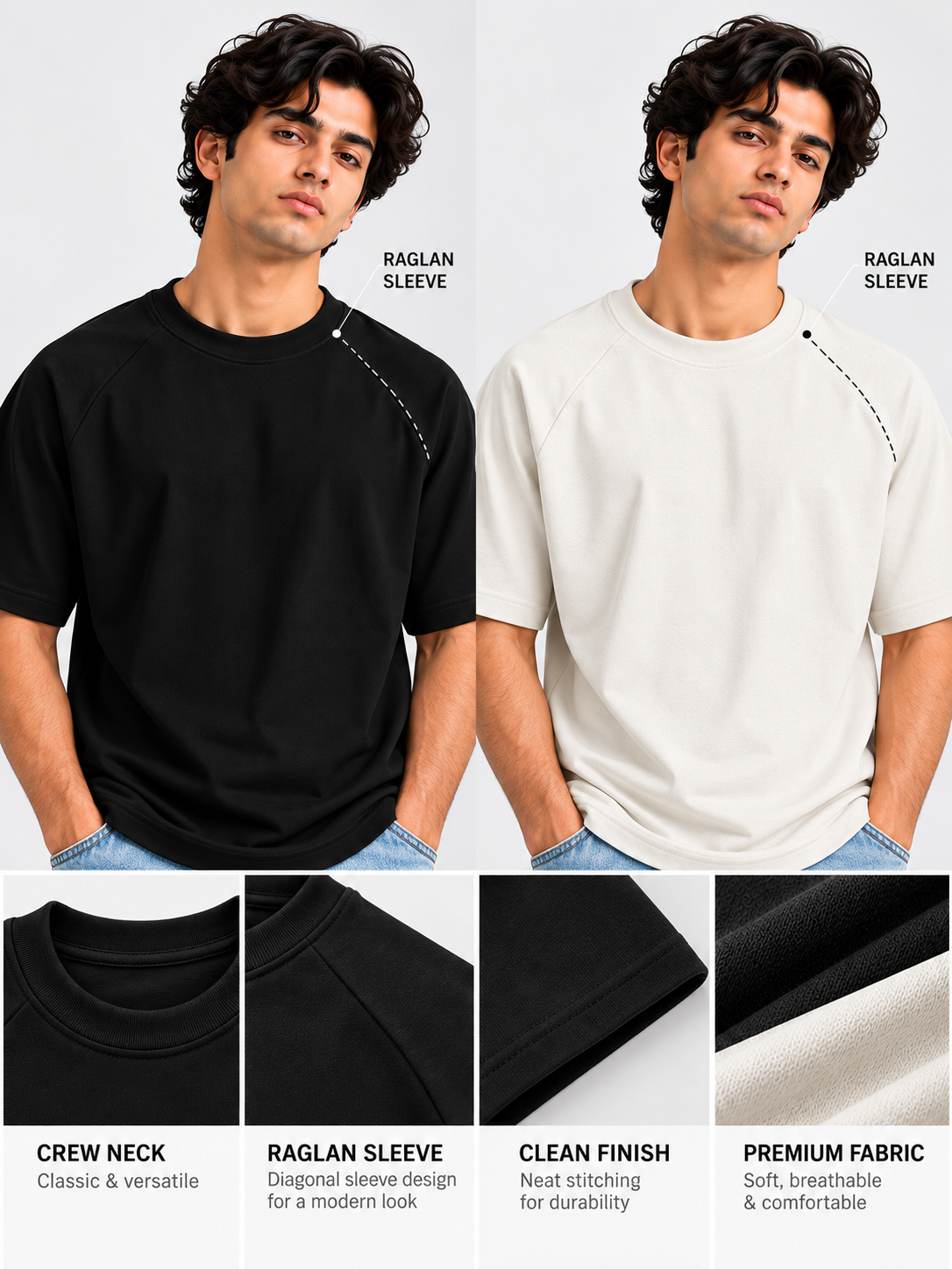 Pack of 2 Ranglan Sleeve Tshirt- Black + Off White