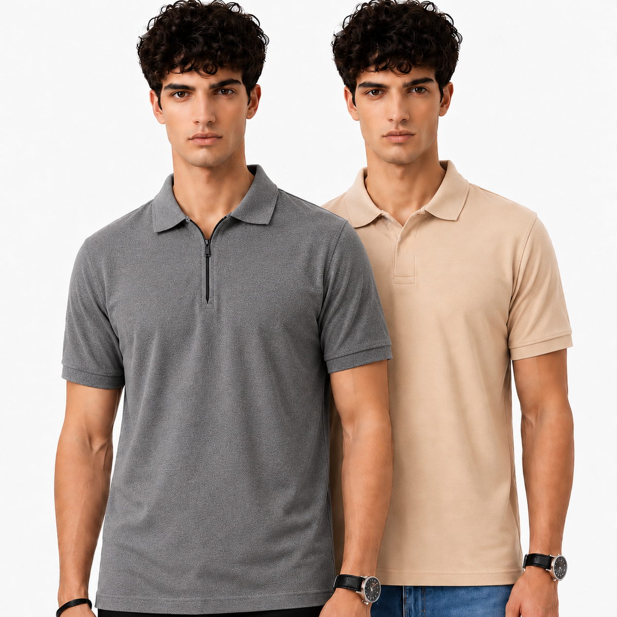 Crazybee || Pack of 2 Polo- Zipper_Dark Grey+Beige