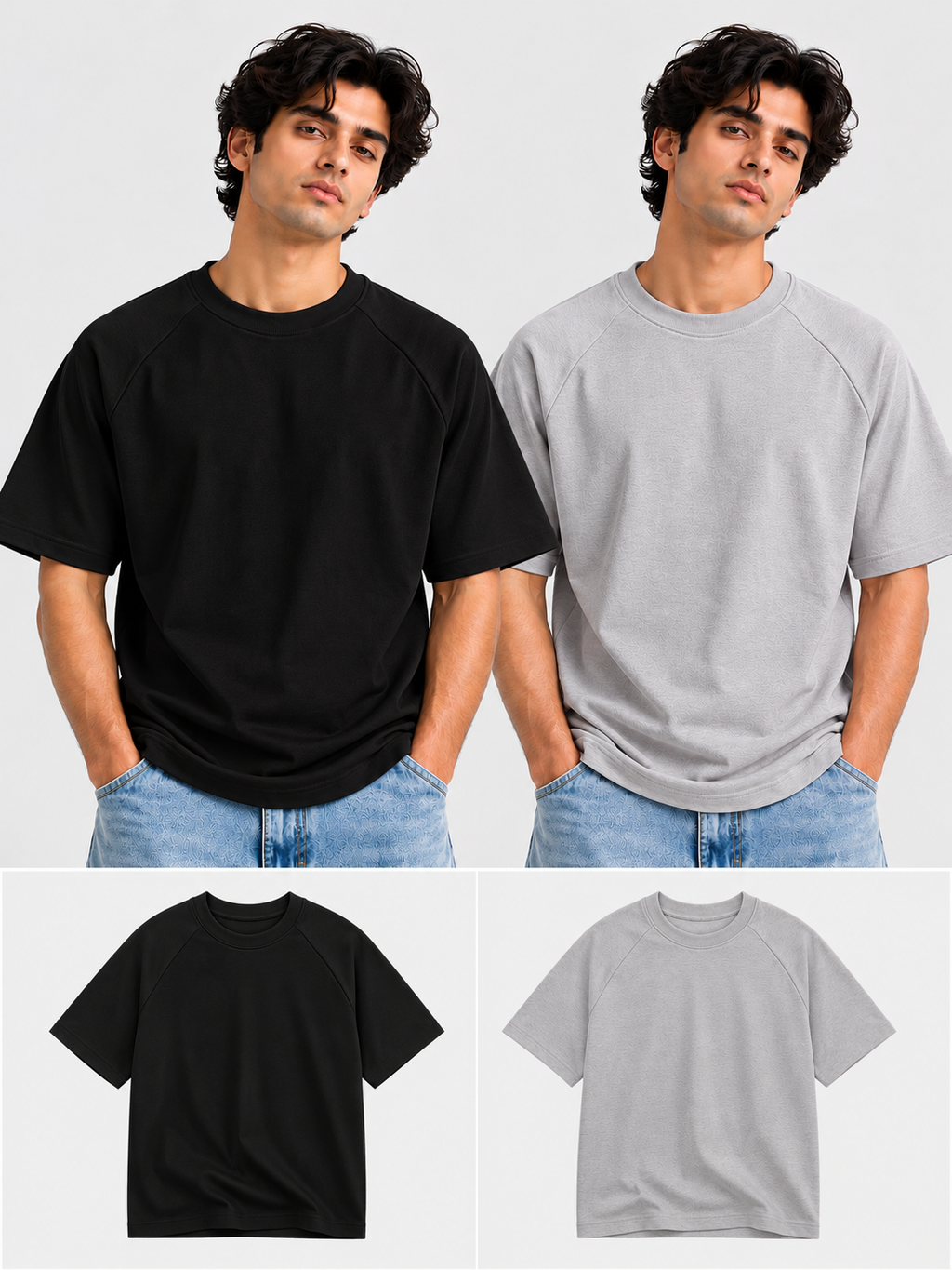 Pack of 2 Ranglan Sleeve Tshirt- Black + Grey